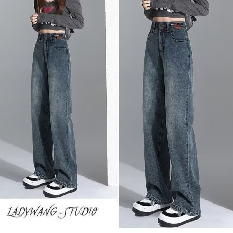 High-waisted wide-leg jeans for women, loose straight-leg, new Spring and Autumn 2025 vintage color, slimming, drape floor-length trousers Item Picture