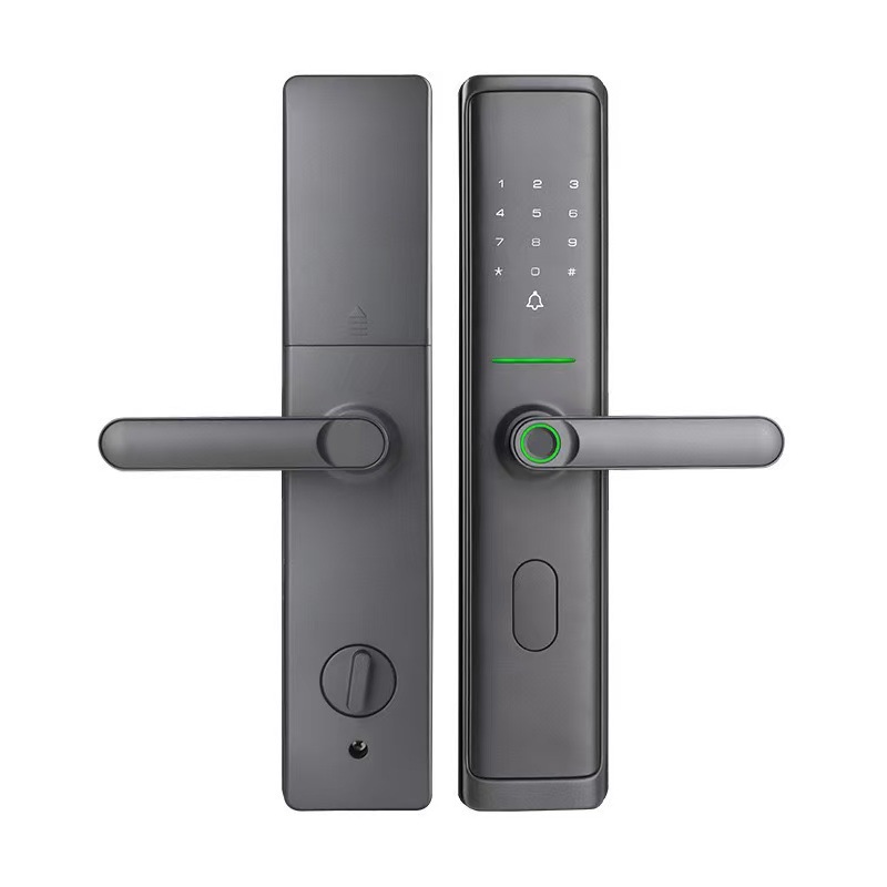 Grey smart door lock, fingerprint recognition, digital keyboard, green indicator light, long handle, side knob Item Picture