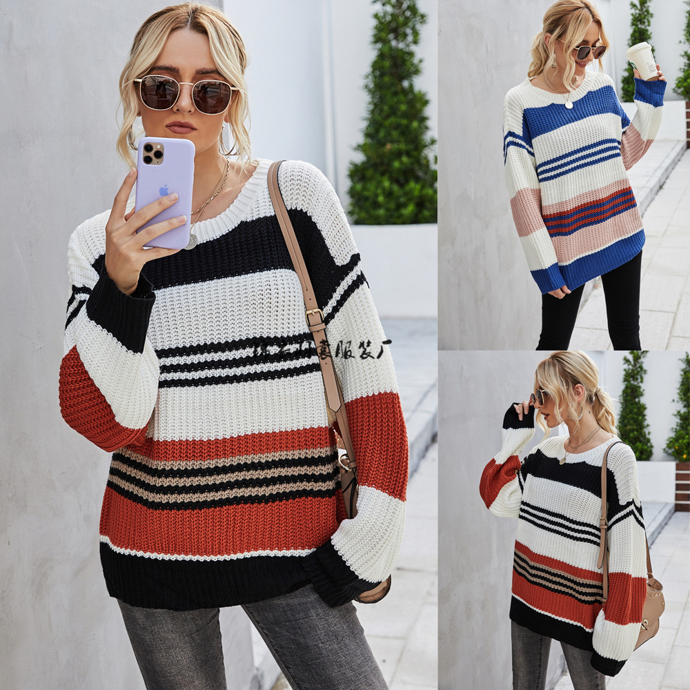 Wholesale of new Amazon women's loose pullover, thick knitted sweater and striped sweater for spring 2025 details Picture