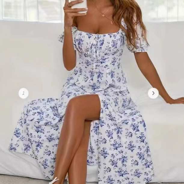 Amazon's new Summer 2026 European and American women's wear: A fresh and delicate floral, figure-hugging, slit European and American halter dress for women Specification drawing