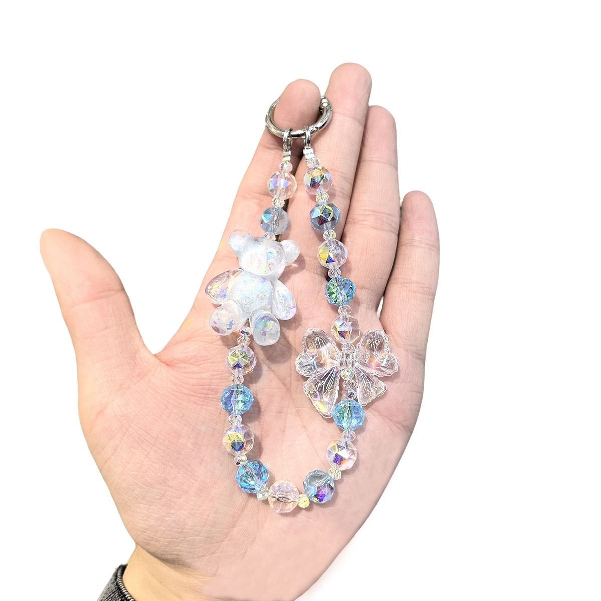 High-end and dazzling crystal bear butterfly mobile phone chain pendant, women's light luxury beaded keychain, internet-famous light luxury pendant details Picture