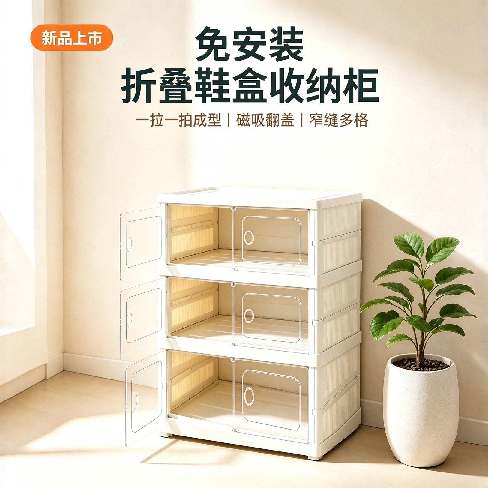 Caja de zapatos plegable de instalación libre gabinete de almacenamiento magnético succión clamshell transparente multi puerta puerta puerta puerta de zapatos rack de almacenamiento Specification image