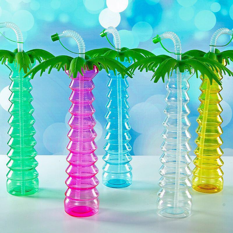 New wholesale PET coconut tree cups, plastic straw cups, disposable juice bottles with lights and personalized designs for cross-border trade details Picture