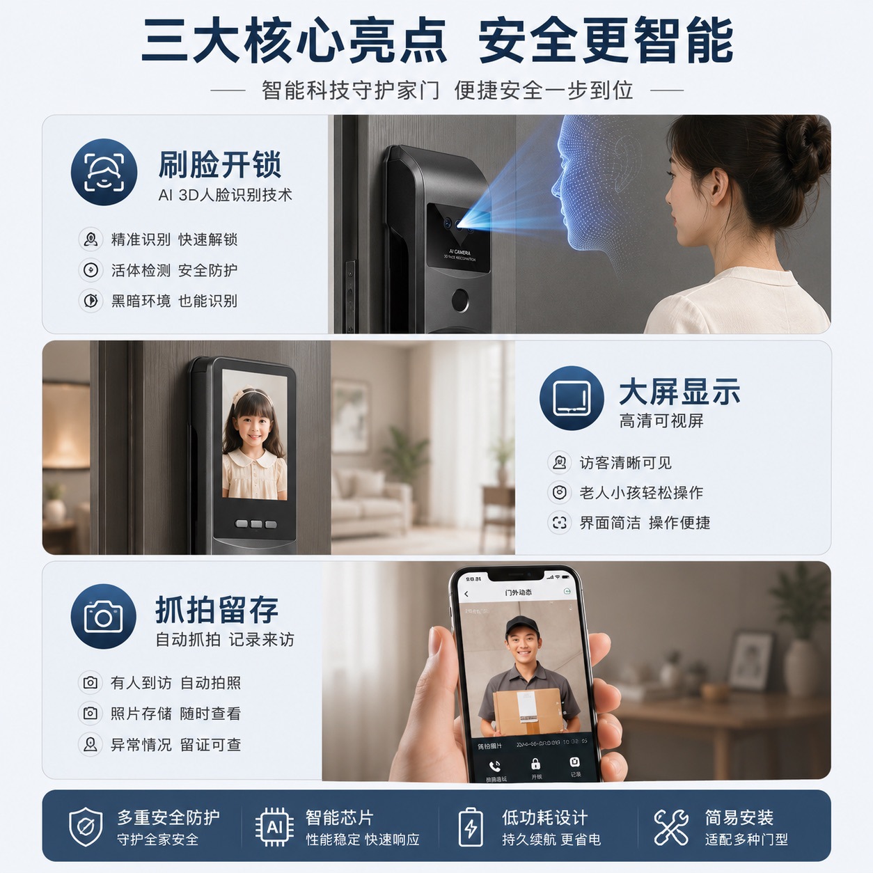 Facial recognition smart door lock, fingerprint password lock, entrance door smart lock, three-camera surveillance, cross-border graffiti, palm vein Application Scenario
