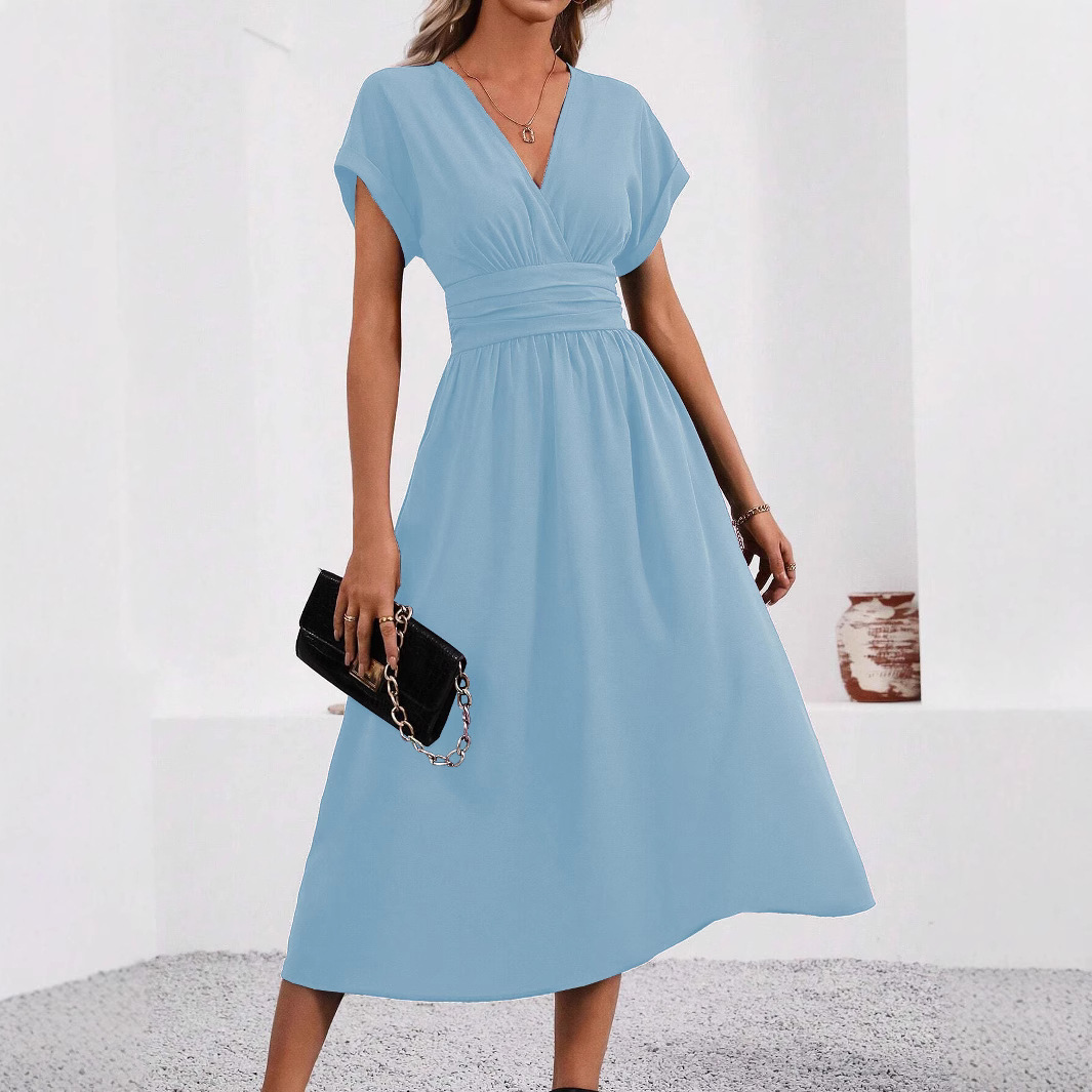 A long elegant dress with a solid color overlapping V-neck, bat sleeves and pleated waist for women in summer. It is a long dress for women's wear Specification drawing