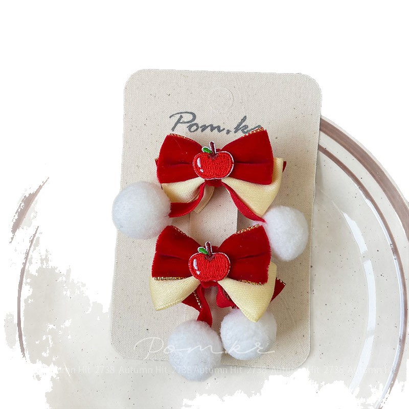 New Korean-style red New Year children's fabric hair clips, handcrafted side fringed bangs clips, paired sweet hair accessories Item Picture