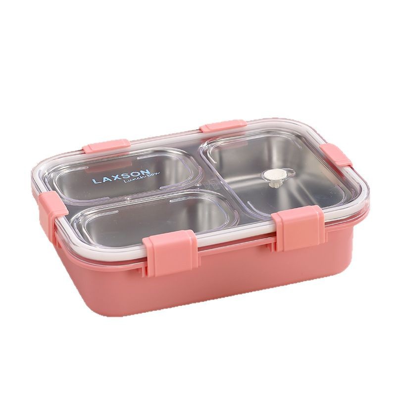 Simple packaging three-compartment stainless steel Japanese-style lunch box without color box, compartments PP fork and spoon office lunch box Item Picture