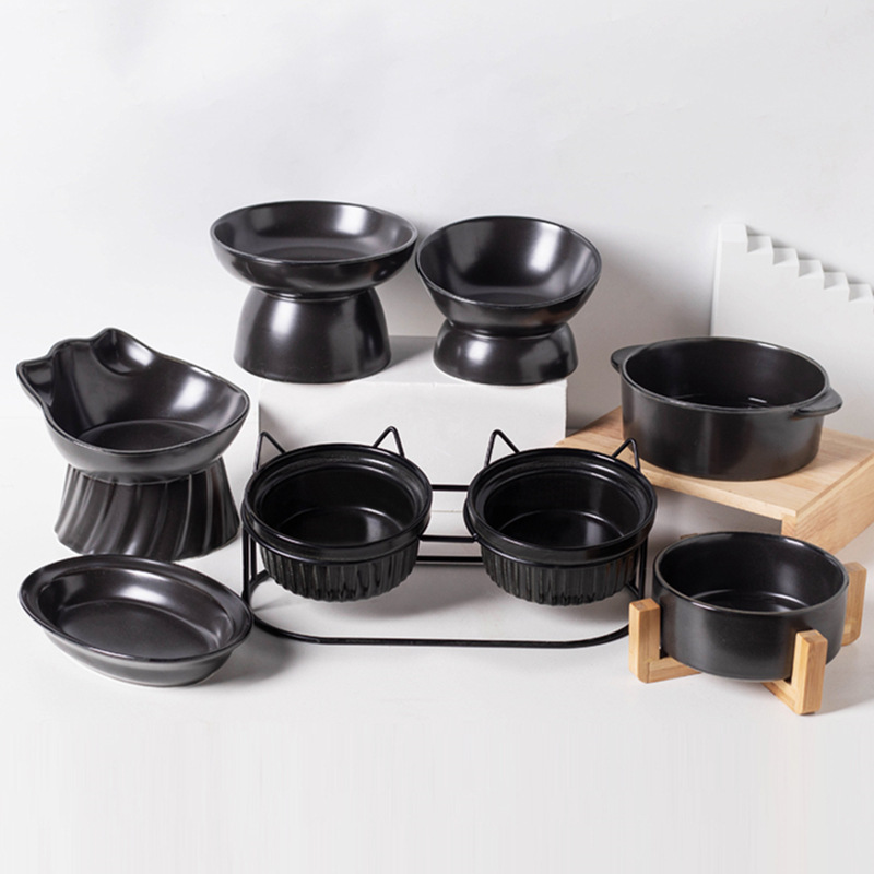 Customized black cat bowl, ceramic drinking bowl, double-bowl ceramic food bowl, dog bowl, cat wooden frame bowl, anti-knock pet bowl details Picture