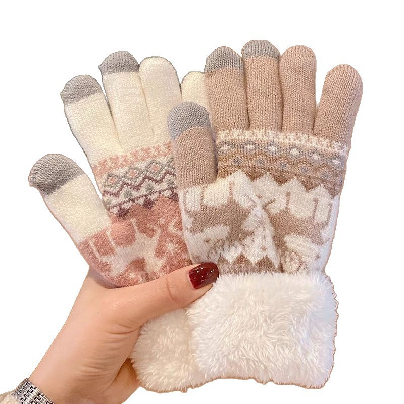 Chunda cross border fawl warm knit guantes para mujeres otoño invierno más peludo y engrosado doble capa cinco dedos pantalla táctil guantes Item Picture