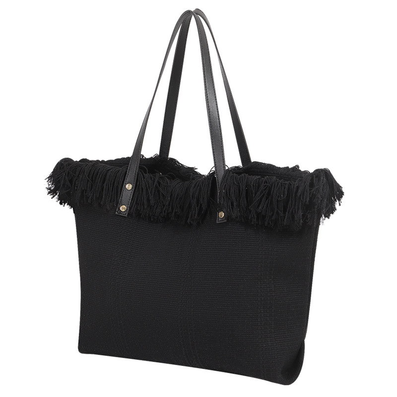 Cross-border canvas bag, fringed handbag, large-capacity portable and simple fringed tote bag, large-capacity simple hand-held shoulder canvas bag, commuting woven beach bag, women's canvas bag Item Picture