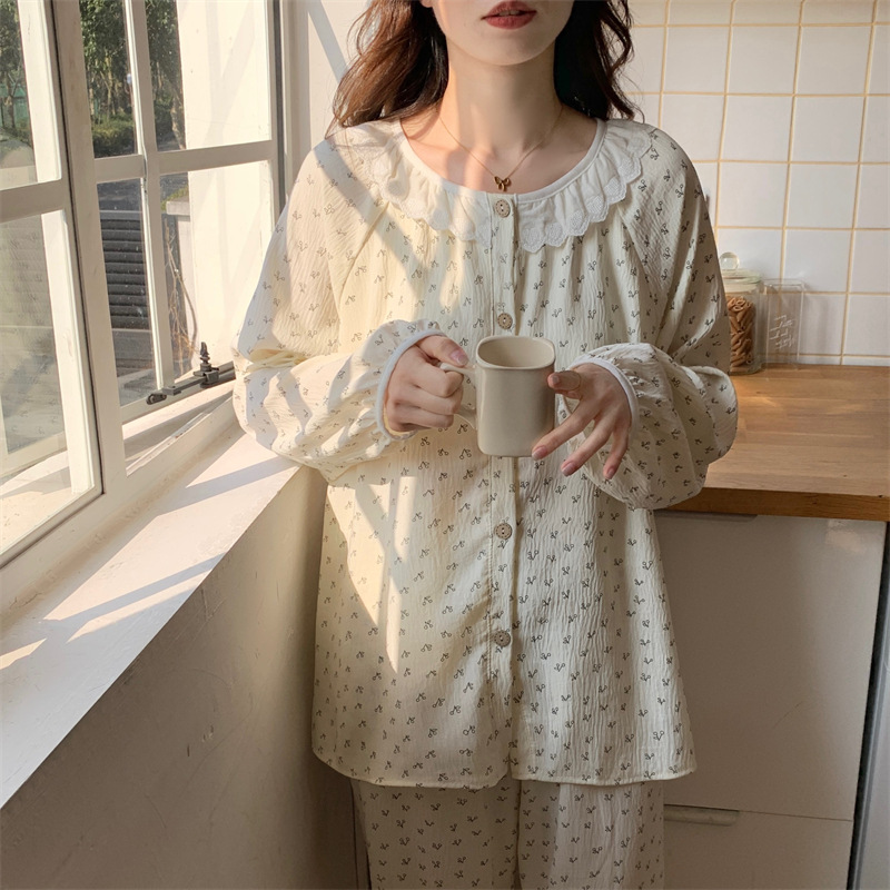Korean style ins country-style pajamas for women, thin and sweet lace long-sleeved and long pants set for women, fresh floral home wear Item Picture