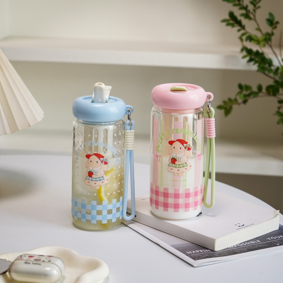 High appearance level cartoon glass cup, portable straw cup for female students, cute strawberry rabbit, anti-drop and high-temperature resistant water cup Application Scenario
