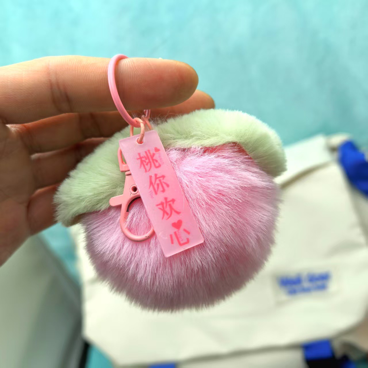New imitation rex rabbit plush persimmon figurine, "May everything go well and good things happen" keychain pom-ball pendant bag accessory details Picture