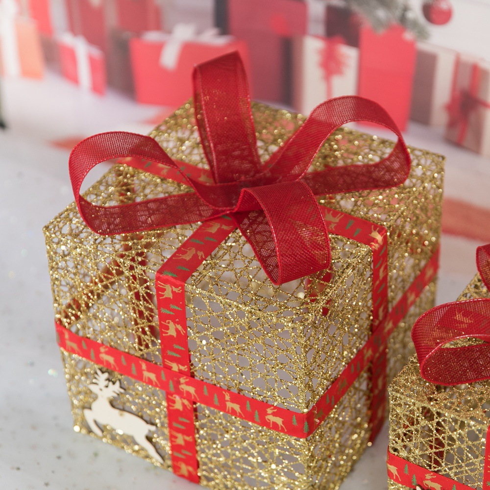 圣诞节闪粉铁艺礼盒三件套 圣诞道具厂家批发橱窗摆件圣诞礼盒产品图