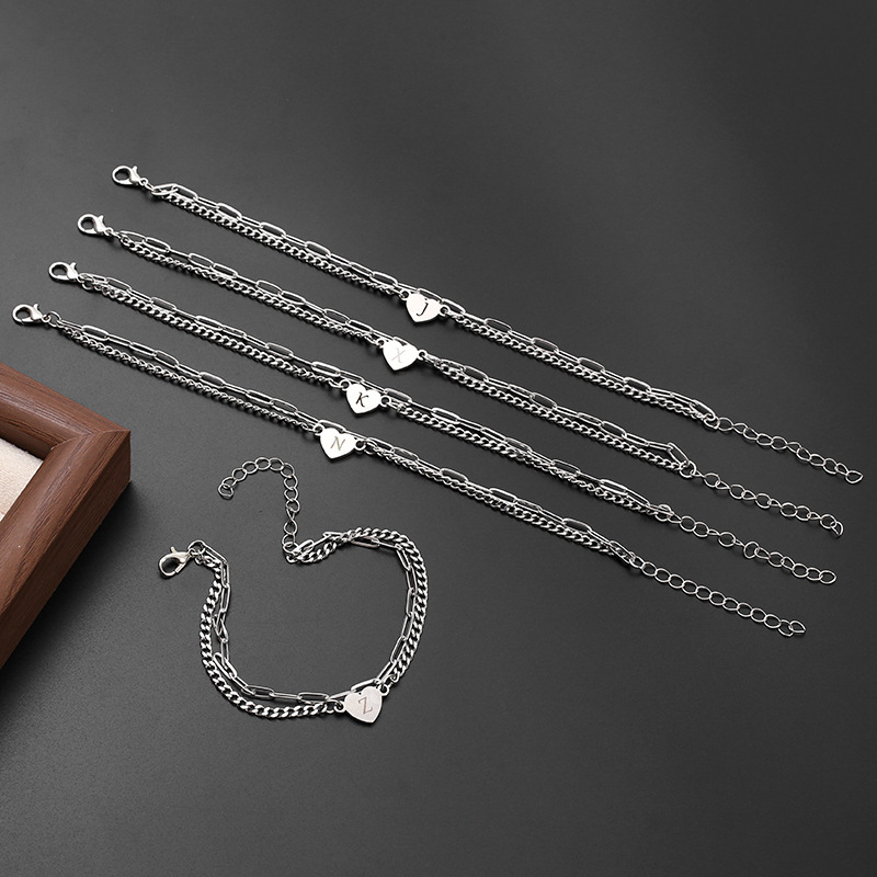 European and American stainless steel long box chain rectangular chain style bracelet, 26-letter DIY heart-shaped bracelet, titanium steel simple bracelet