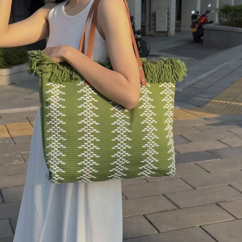 Cross-Border Canvas Bag, Fringed Letter Canvas Bag, Canvas Tote Commuter Bag, New Summer Fashion And Stylish, Large-Capacity Fringed Woven Bag, Women's Single-Shoulder Handbag, Tote Bag, Women's Canvas Bag Specification drawing