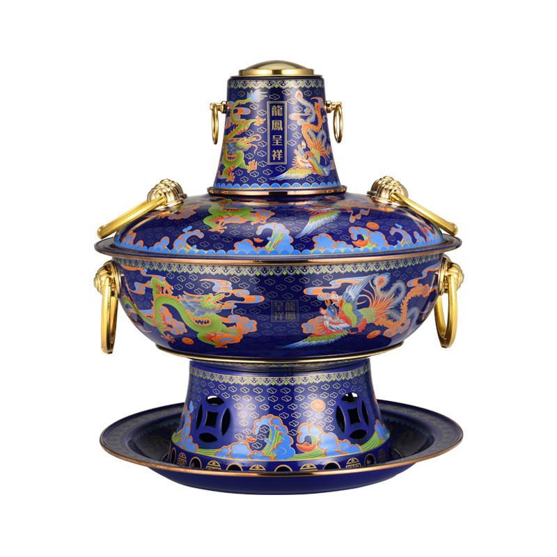 景泰蓝火锅家用商用聚餐碳火锅老北京涮牛羊肉火锅铜火锅白底实物图