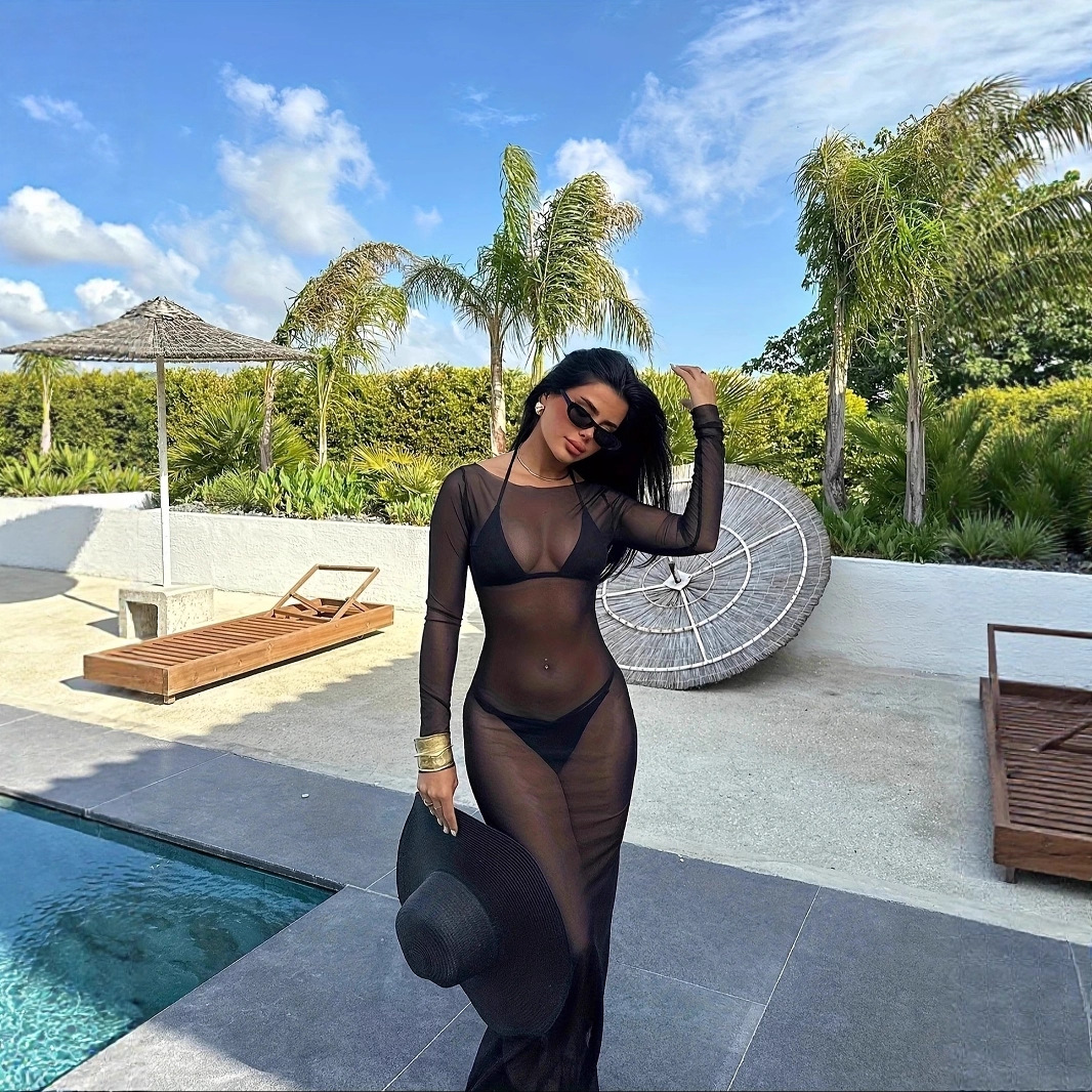 G25D089-2025夏季修身性感网纱透视长袖连衣裙长裙