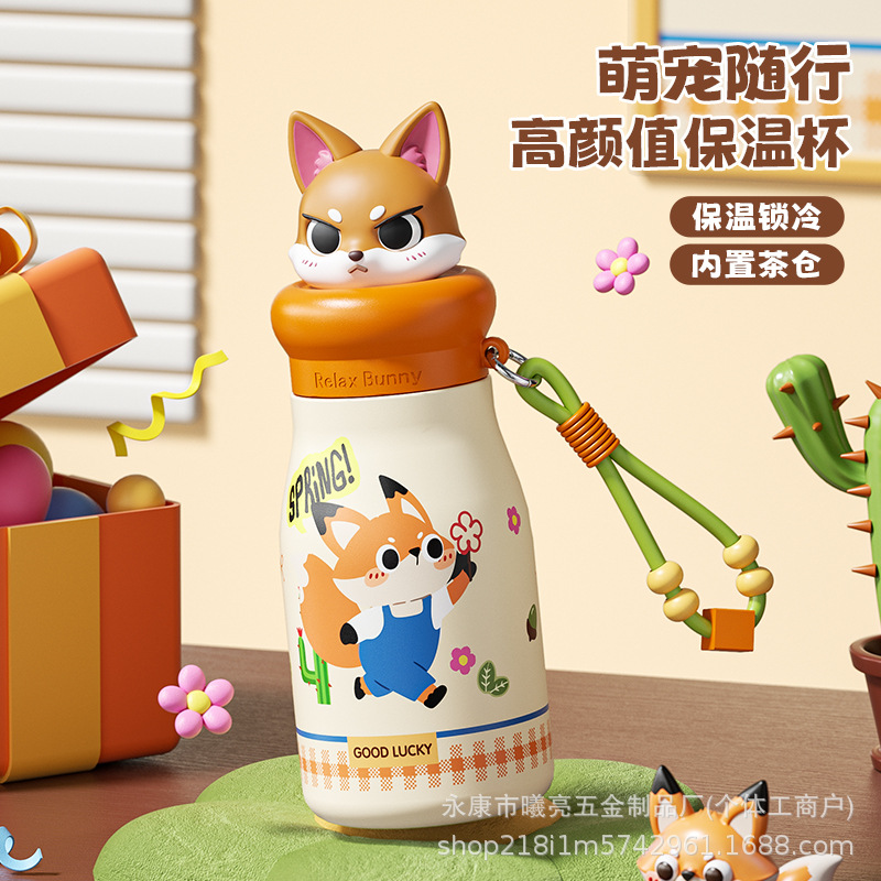Cute cartoon children's insulated cup, 316 stainless steel straw cup, portable student water cup with handle, appearance level gift details Picture