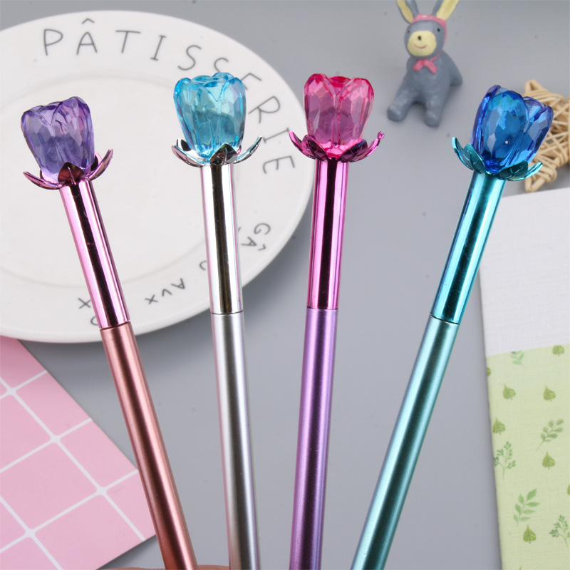 P-1717 Metal Crystal Rose Gel Pen, metallic pen barrel, small flower pen cap, black water-based pen Item Picture