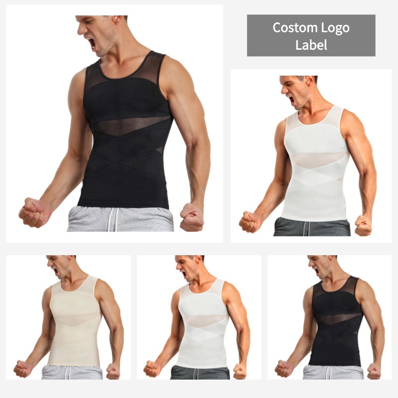 亚马逊欧美厂家直销男士塑身背心高弹网纱薄款胸衣塑胸收腹上衣