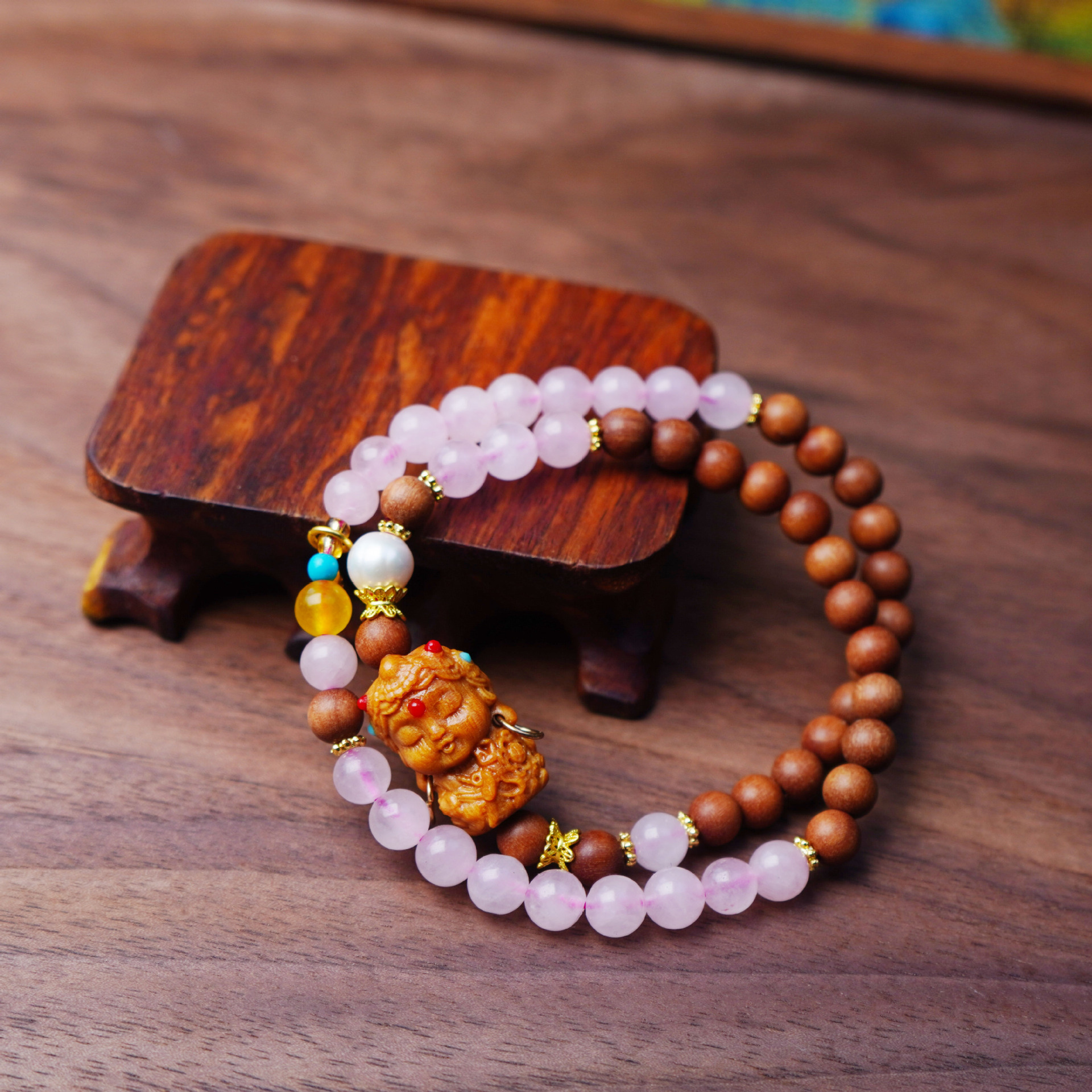 寺庙同款天然芭比檀木双圈手串复古民族风宝宝粉晶女手链饰品配饰详情图2