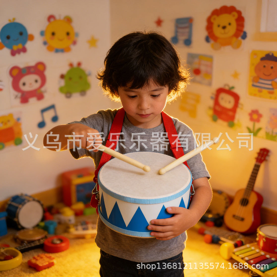 实木小战鼓幼儿园打击乐器双面鼓儿童教具手拍鼓表演小军鼓厂家产品图