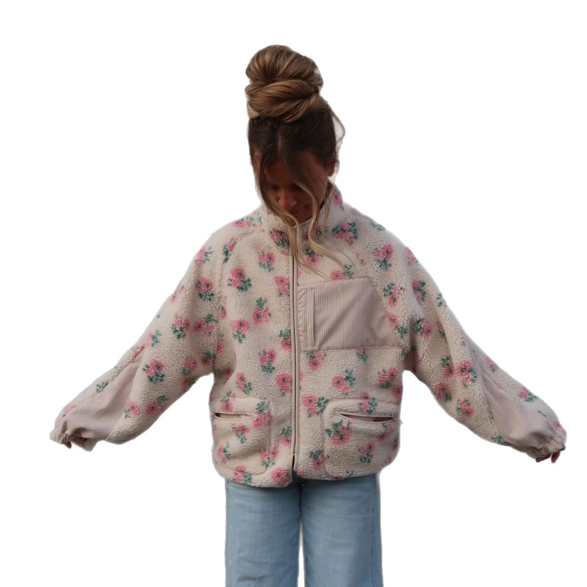 The new autumn and winter stand-up collar sheepskin printed zipper jacket is versatile, loose and casual style, warm sweatshirt and cross-border women's clothing Item Picture