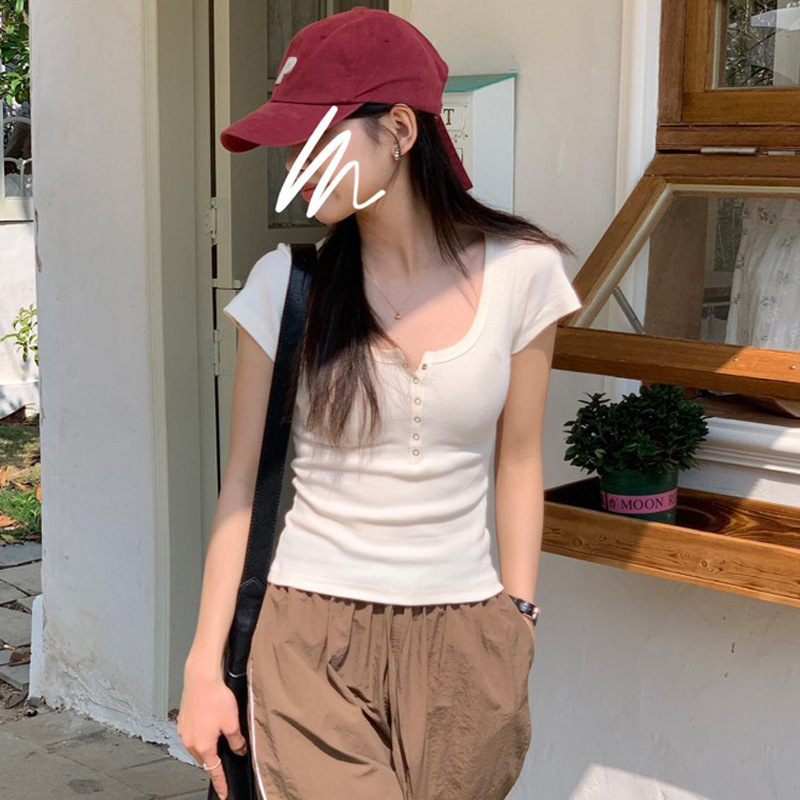 Threaded cotton button T-shirt for women, short-sleeved 2026 summer new style, square neck, versatile outerwear, slimming and form-fitting top base layer Specification image