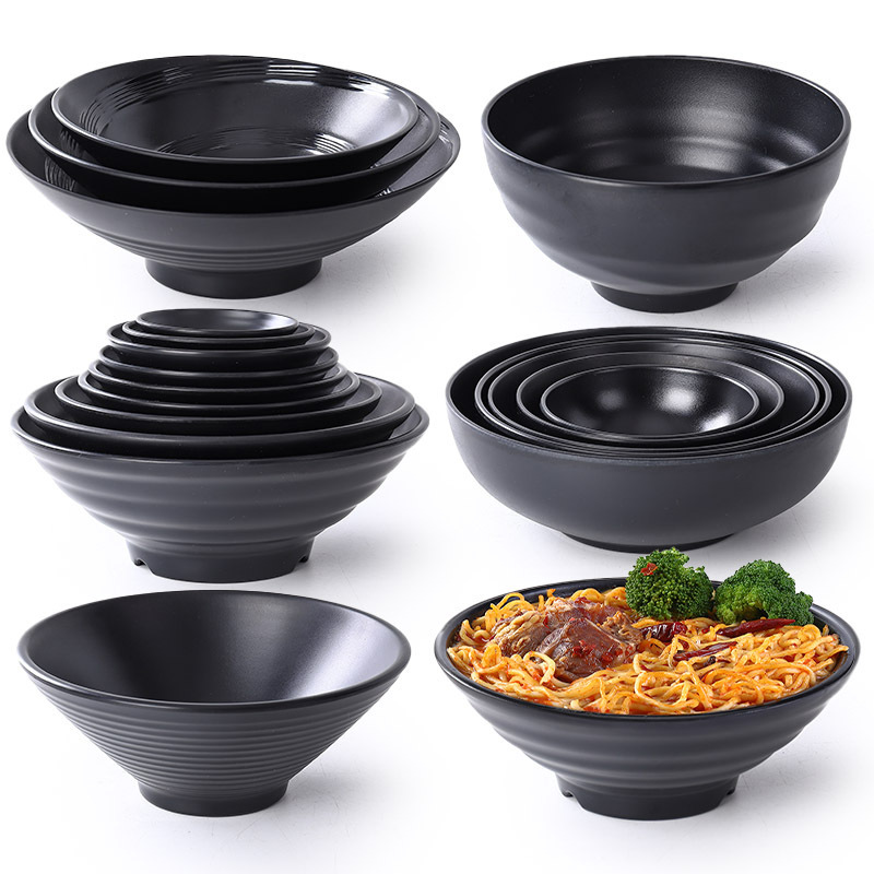 Melamine hot pot large bowl, imitation porcelain black bell mouth bowl, special bowl for Japanese noodle shops and restaurants, rice noodle soup with snails, bamboo hat