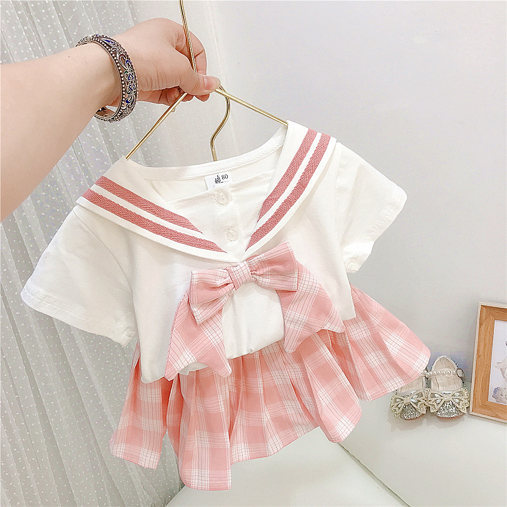 2025 New girls' clothing: grid bow T-shirt, pleated skirt, little Girls' set, Little girls' clothing