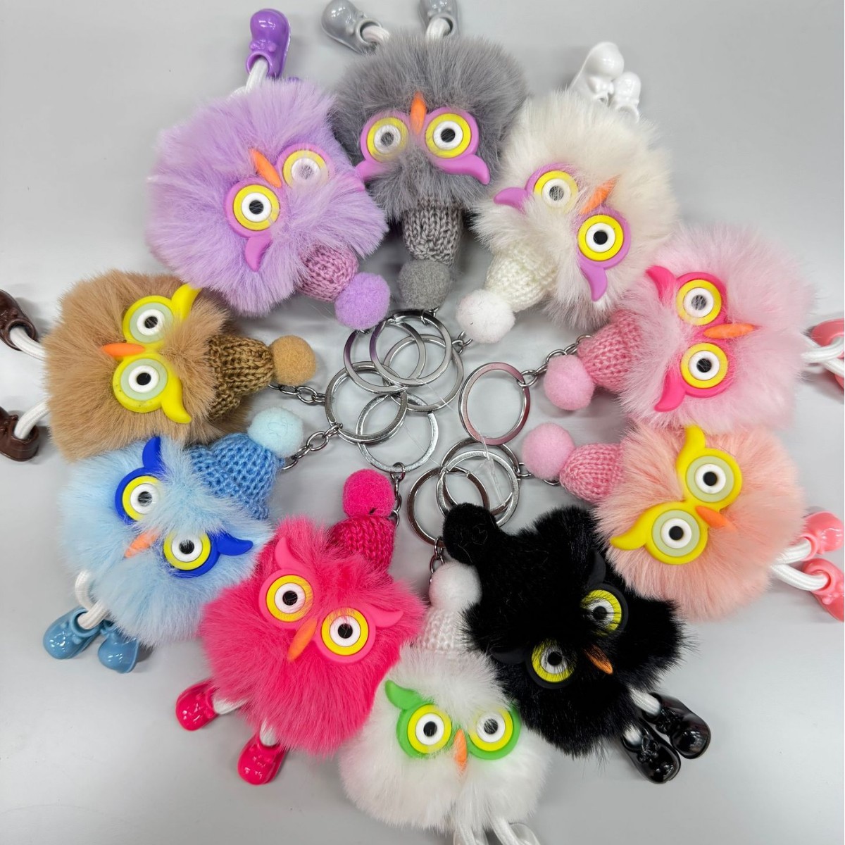 韩国网红小兔精灵毛绒挂件 丑东西毛球地摊货源娃娃机摆件钥匙扣创意猫头鹰钥匙扣  可爱卡通小煤球公仔包包挂件车钥匙链挂饰礼