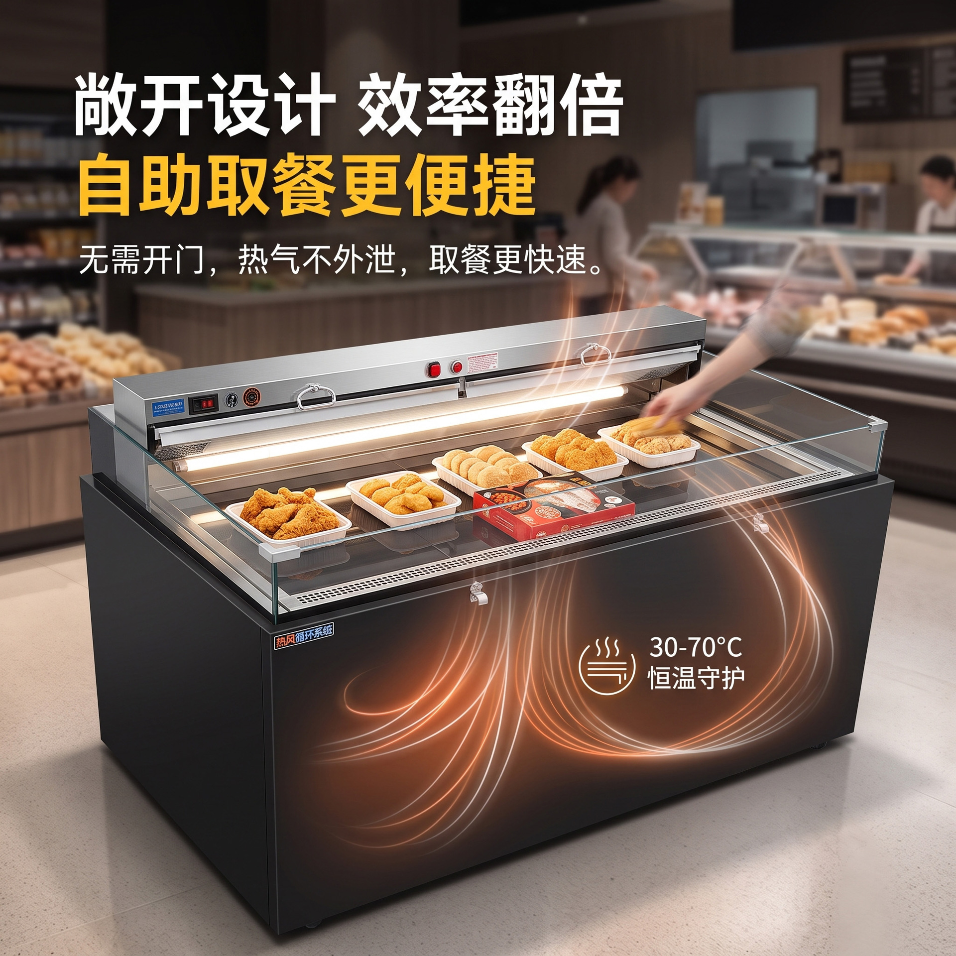 Commercial open vertical hot air display cabinet, pickled food, fried chicken and hamburger display cabinet, hot food constant temperature insulation cabinet manufacturer Application Scenario