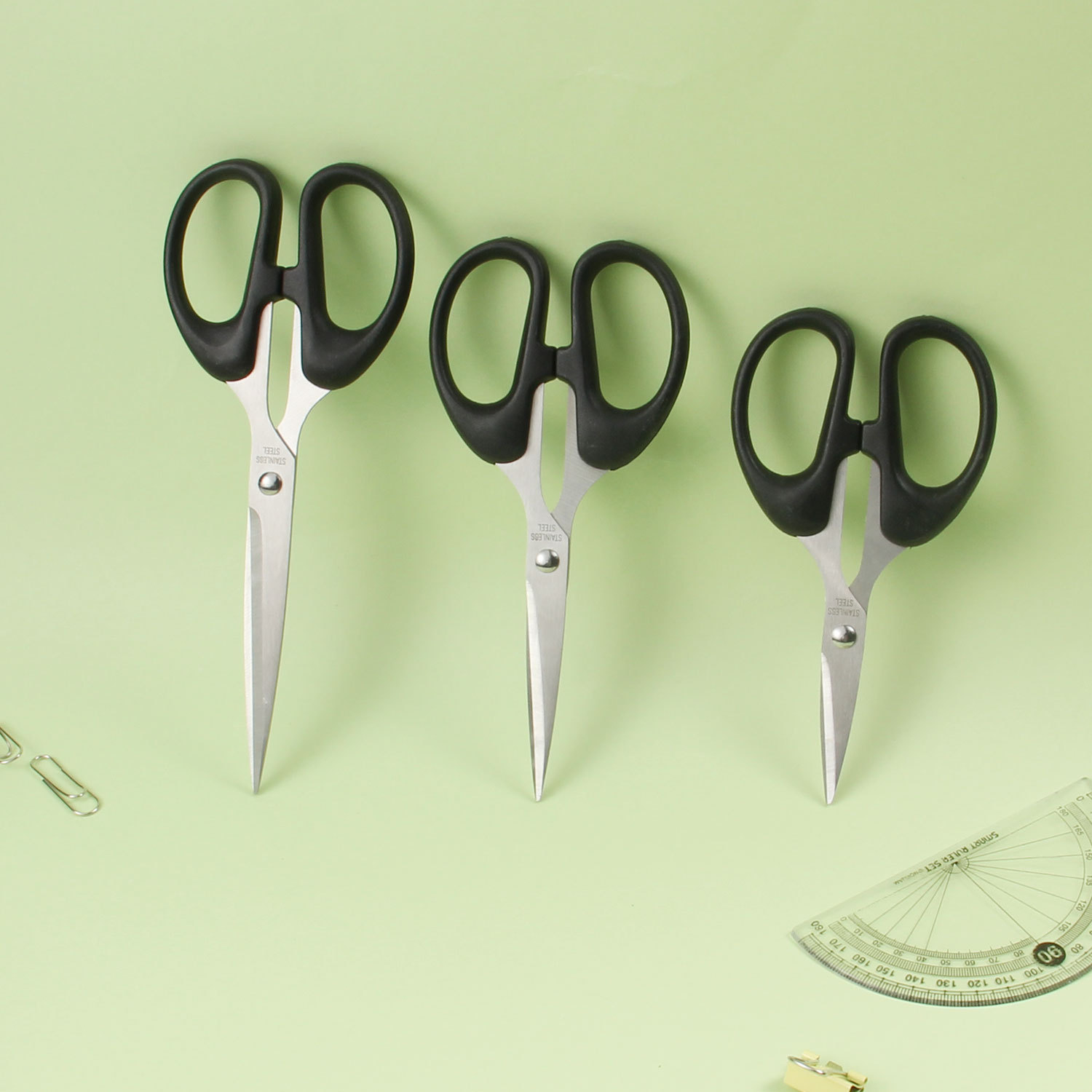 Stainless steel household small scissors, office scissors, large, medium and small-sized hand paper-cutting knives and scissors, bangs, thread ends, tailor scissors Specification drawing