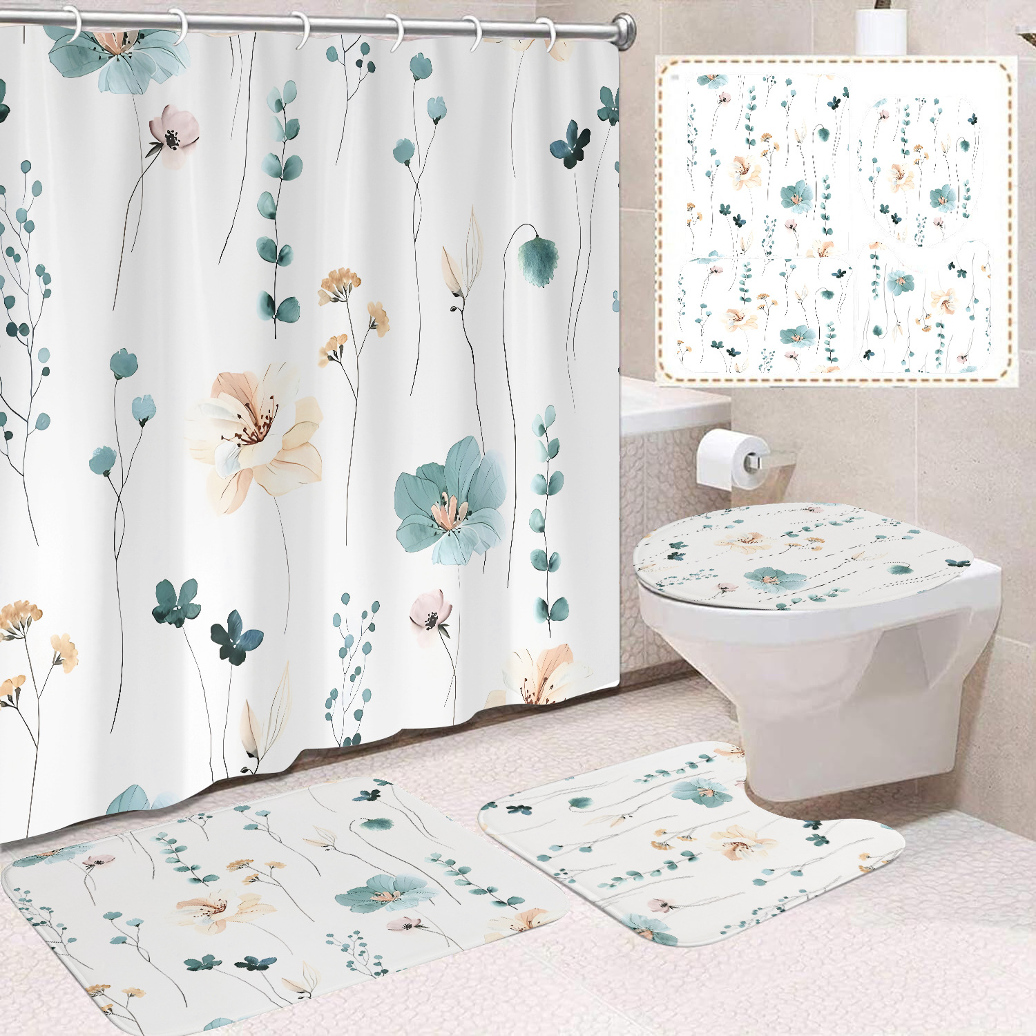 厂家直销免打孔窗帘防水防走光洗手间遮挡帘春季花卉印花防水浴帘细节图