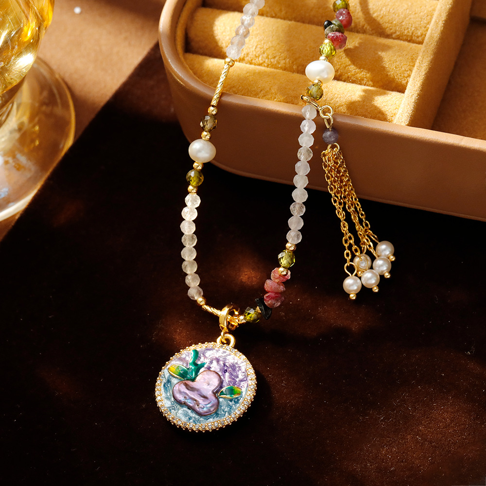 Hyacinth oil painting style necklace, Baroque natural pearl crystal collarbone chain, new Chinese ancient style, elegant and high-end sweater chain details Picture