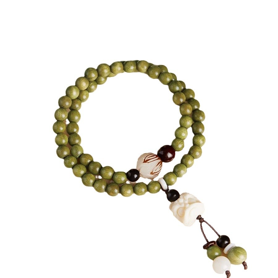 天然老绿檀木佛珠双圈手串盘串文玩木质手链醒狮菩提新中式男女款白底实物图