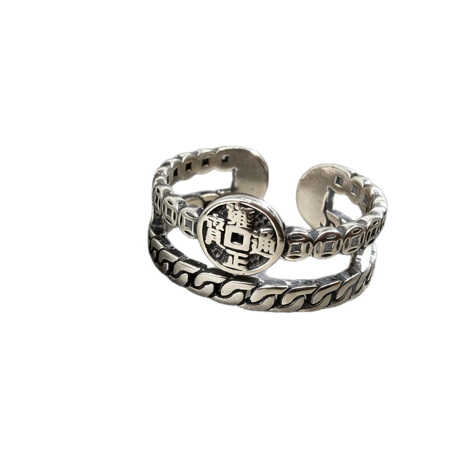 This is a niche design 12.20 national trend copper coin ring. It is made entirely of S925 sterling silver, with a retro and aged wide version. It is a unique and stylish open ring for women Item Picture