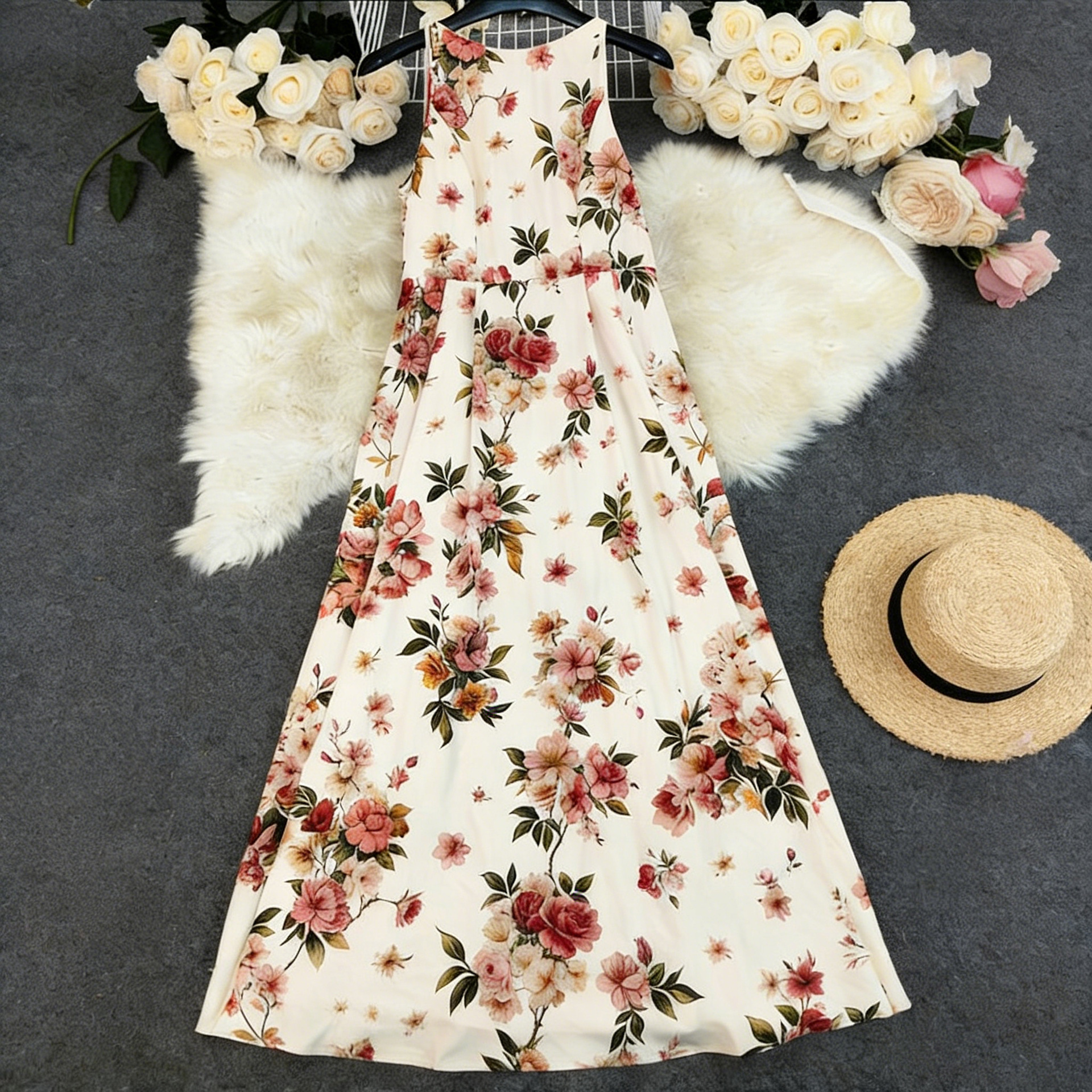 LN1828 Cross-border 2026 European and American summer new women's printed sleeveless long dress details Picture