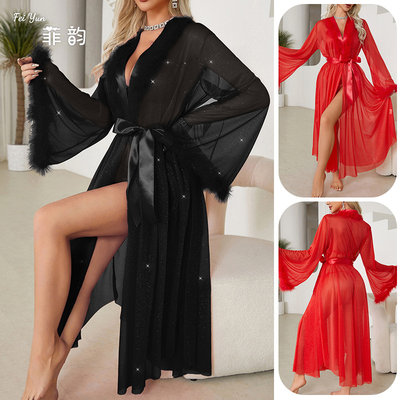 Feiyun Foreign Trade's new silver-threaded pajamas for women, light luxury long-sleeved, cool and fluffy bathrobes, and home wear for women, 680