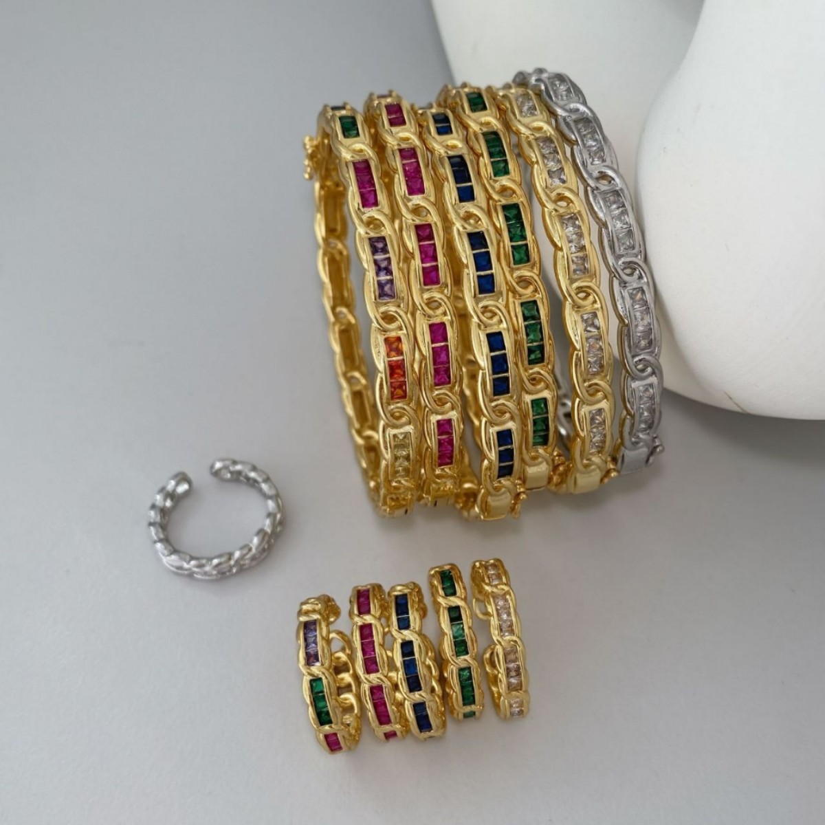 European and American cross-border light luxury copper micro-inlaid zircon ring bracelet, women's fashionable and versatile geometric jewelry set Specification drawing