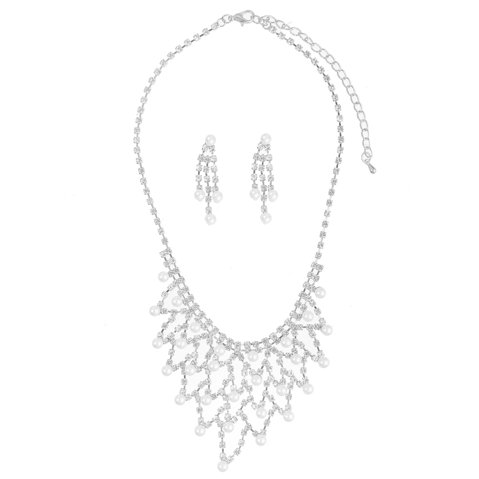 Cross-border best-selling European and American bride pearl and water diamond necklaces and earrings, exquisite diamond-encrusted exaggerated necklaces, tassel earrings, jewelry, evening gowns, versatile and elegant jewelry sets Item Picture