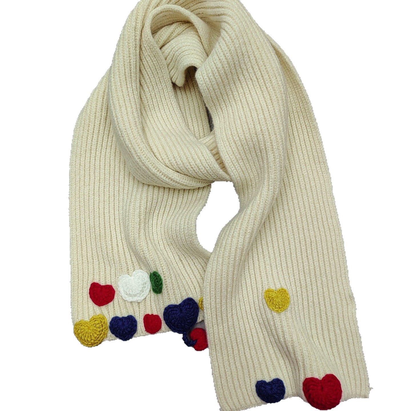 New three-dimensional, colorful handcrafted heart-shaped, cute and warm knitted scarf for students, Japanese-style sweet autumn and winter scarf for women Item Picture