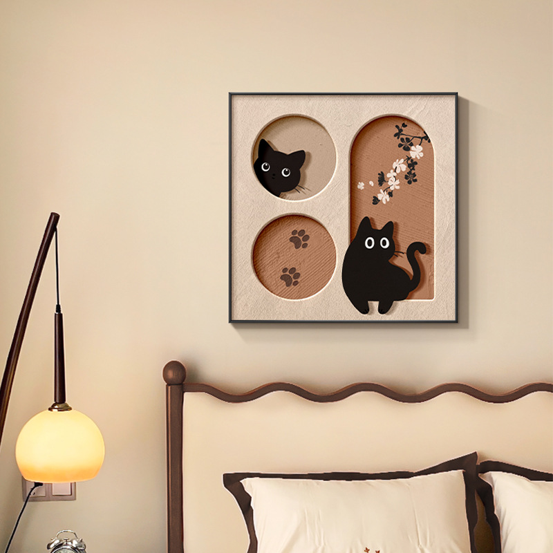 法式奶油风客厅装饰画小众艺术装饰画猫咪中古风挂画卡通卧室壁画细节图