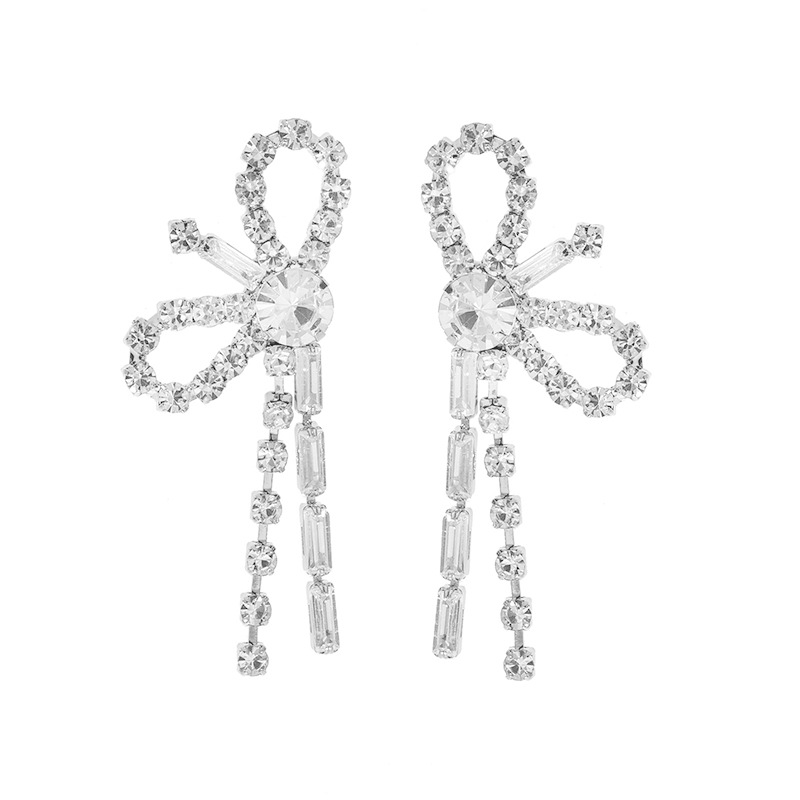 High-end and elegant bow zircon tassel earrings, European and American cross-border Korean style dress accessories, rhinestone earrings wholesale Item Picture