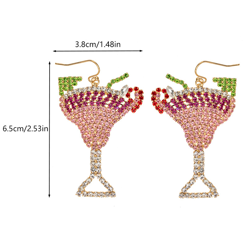 2025 New cross-border European and American colored wine glass rhinestone earrings, personalized and trendy, colorful full diamond earrings for the beach and seaside Specification drawing
