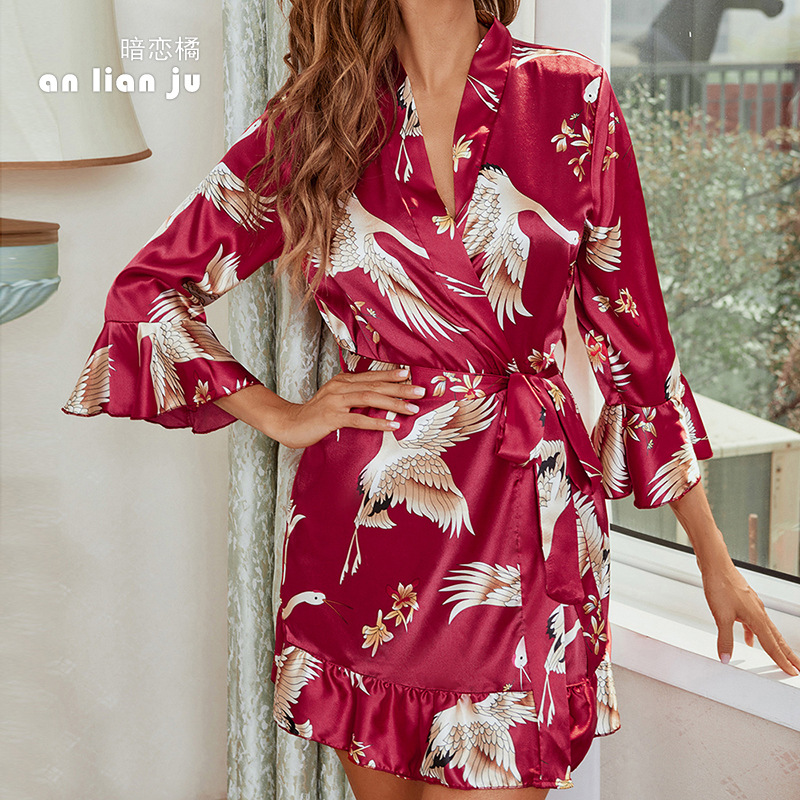 Amazon cross-border Sardinian printed leaf-edge pajamas for women, summer silk bathrobes and bathrobes for home wear 6057