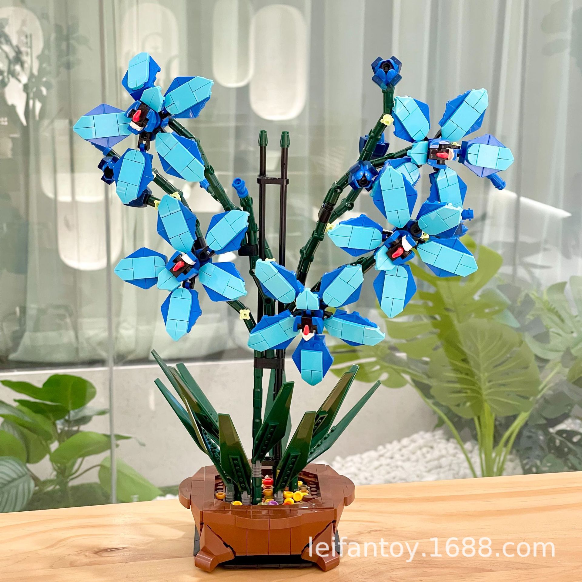 Cross-border new children's educational assembly building blocks, small particle artificial blue orchid, DIY decorative ornaments, potted plants full figure