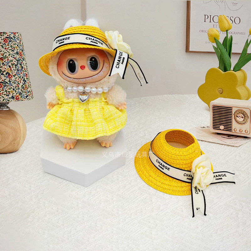 Creative labub straw hat dolls, little chanel-style hats, Labub vinyl dolls, woven sun hats, children's clothing accessories Specification image