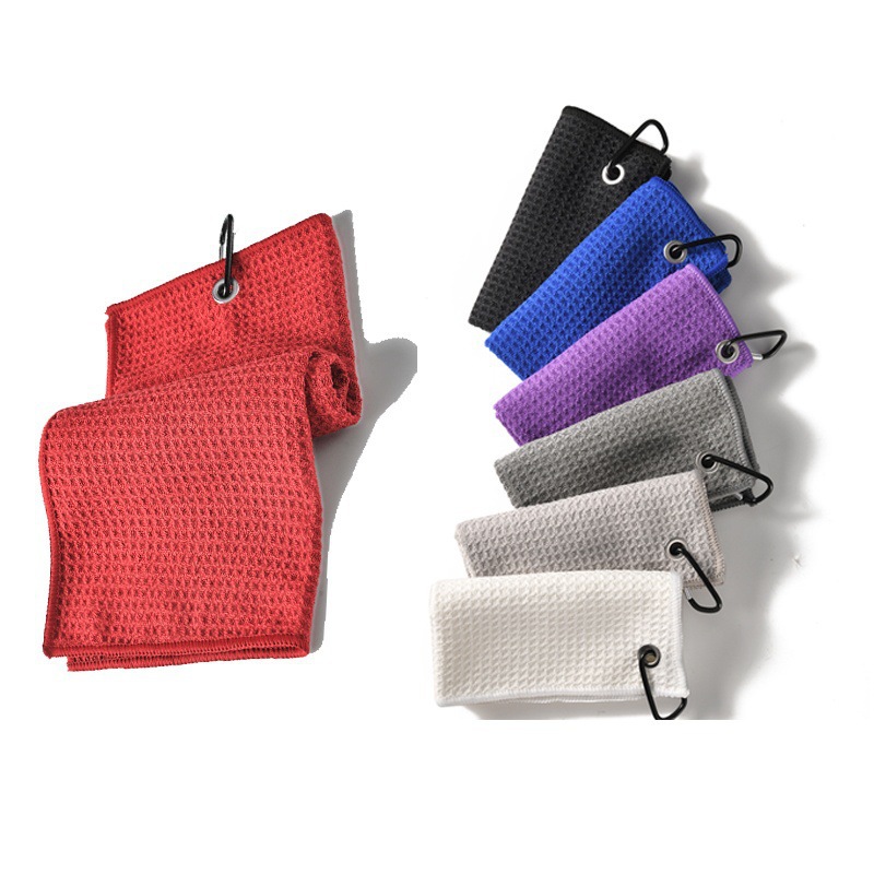 One-piece cross-border outdoor sweat-absorbing golf sports towels with buckles, lightweight and portable, fine fiber waffle wipe towels, wholesale from street stalls Item Picture